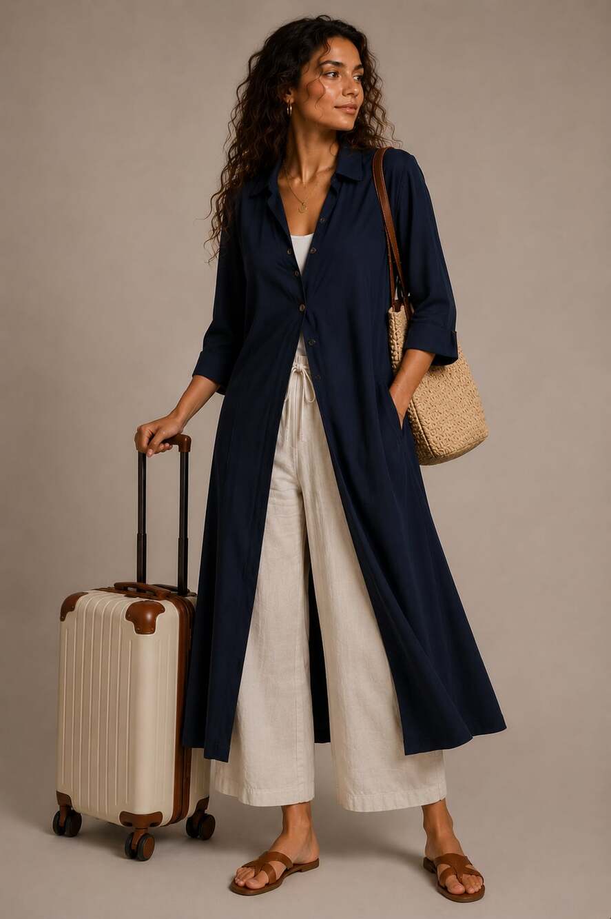 Chicos Travelers Navy Duster Midi Minimalist Quiet Luxury Layering